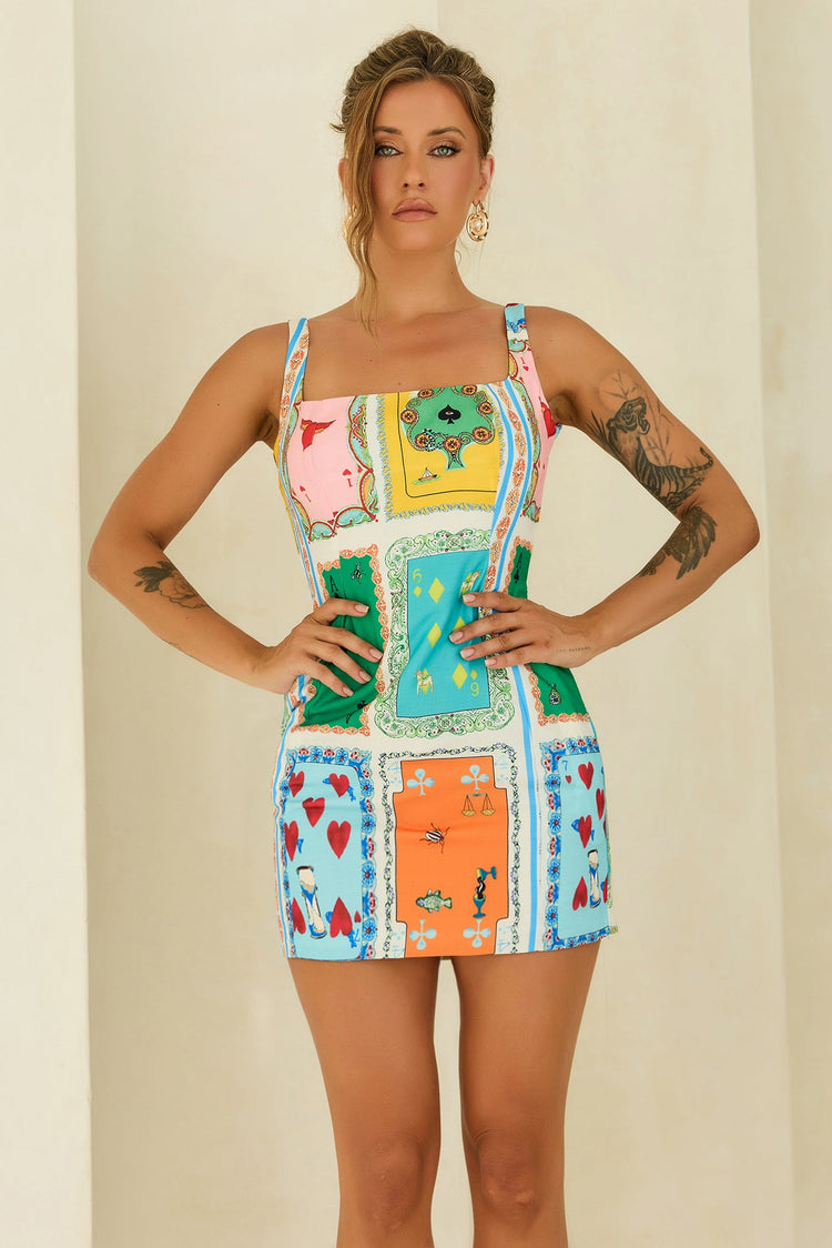 Lucky Deck Woven Mini Dress - Mint Multi for women