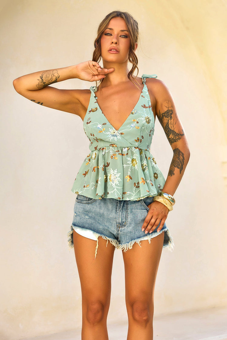 Moonbeam Luxe Sequin Chiffon Top - Olive for women