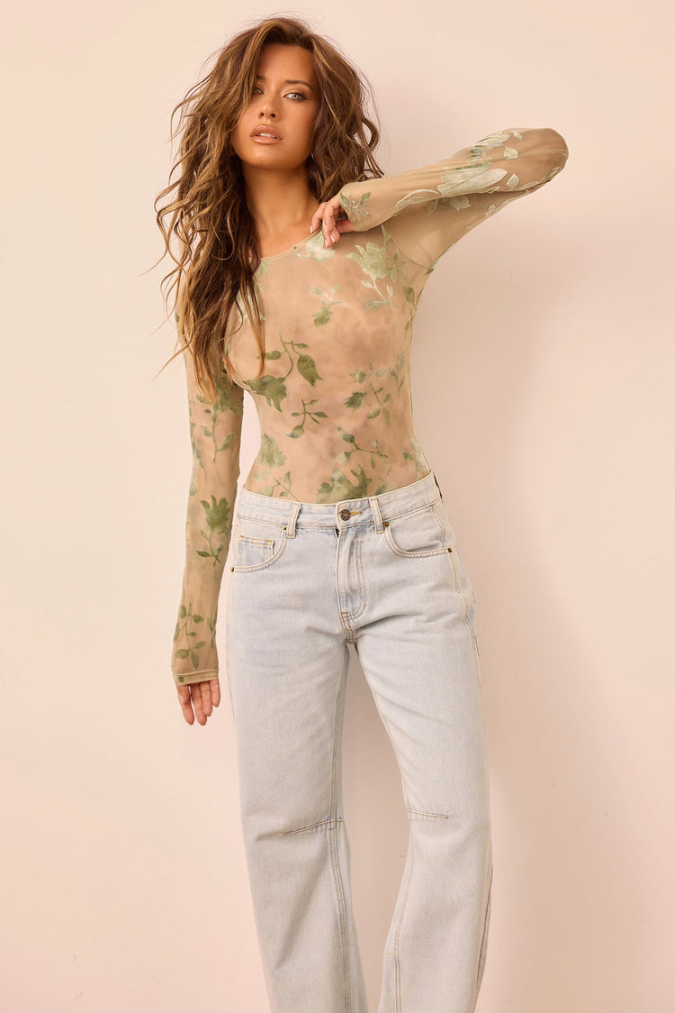 Petal Veil Flocking Mesh Bodysuit - Olive for women