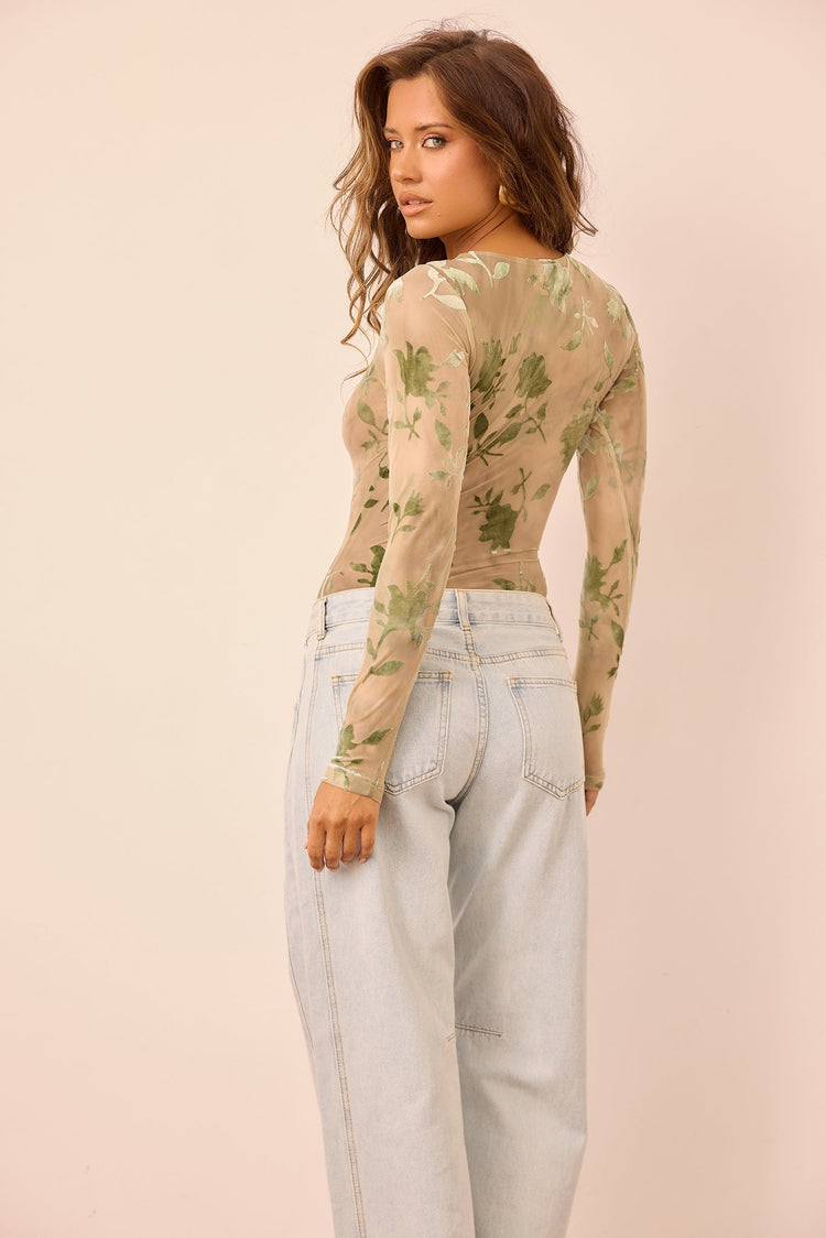 Petal Veil Flocking Mesh Bodysuit - Olive for women