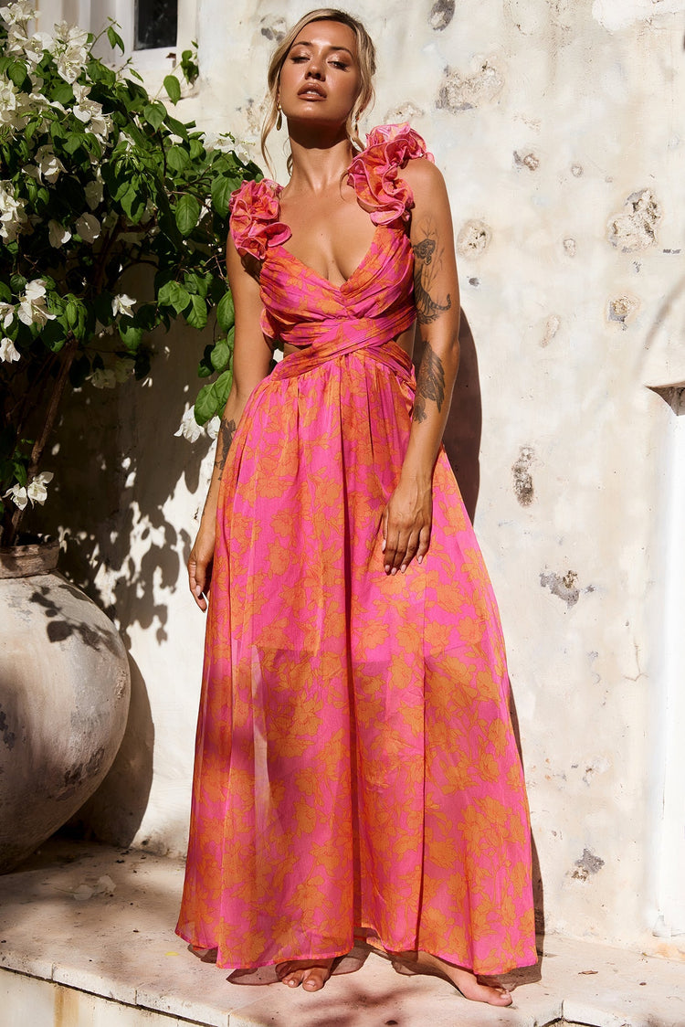pink and orange sunset dress A Satin Sunset Maxi Dress - Orange and Coral Pink