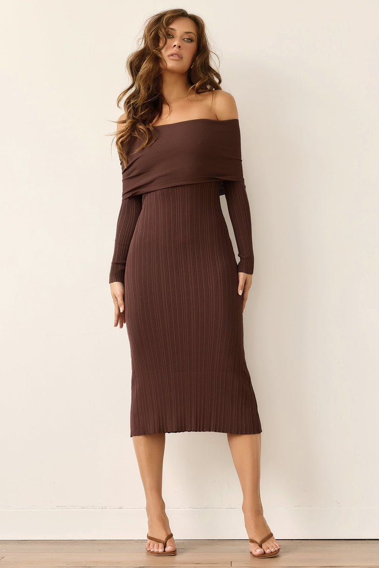 Top Notch Knit Midi Dress - Chocolate for women