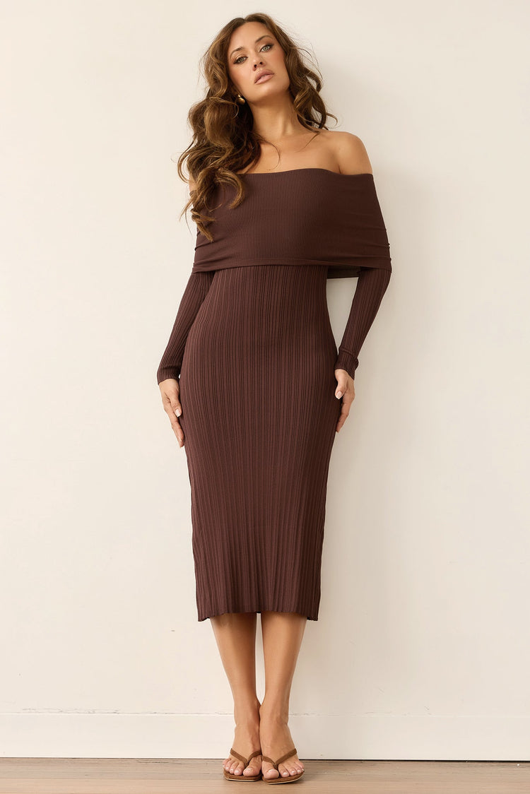 Top Notch Knit Midi Dress - Chocolate for women